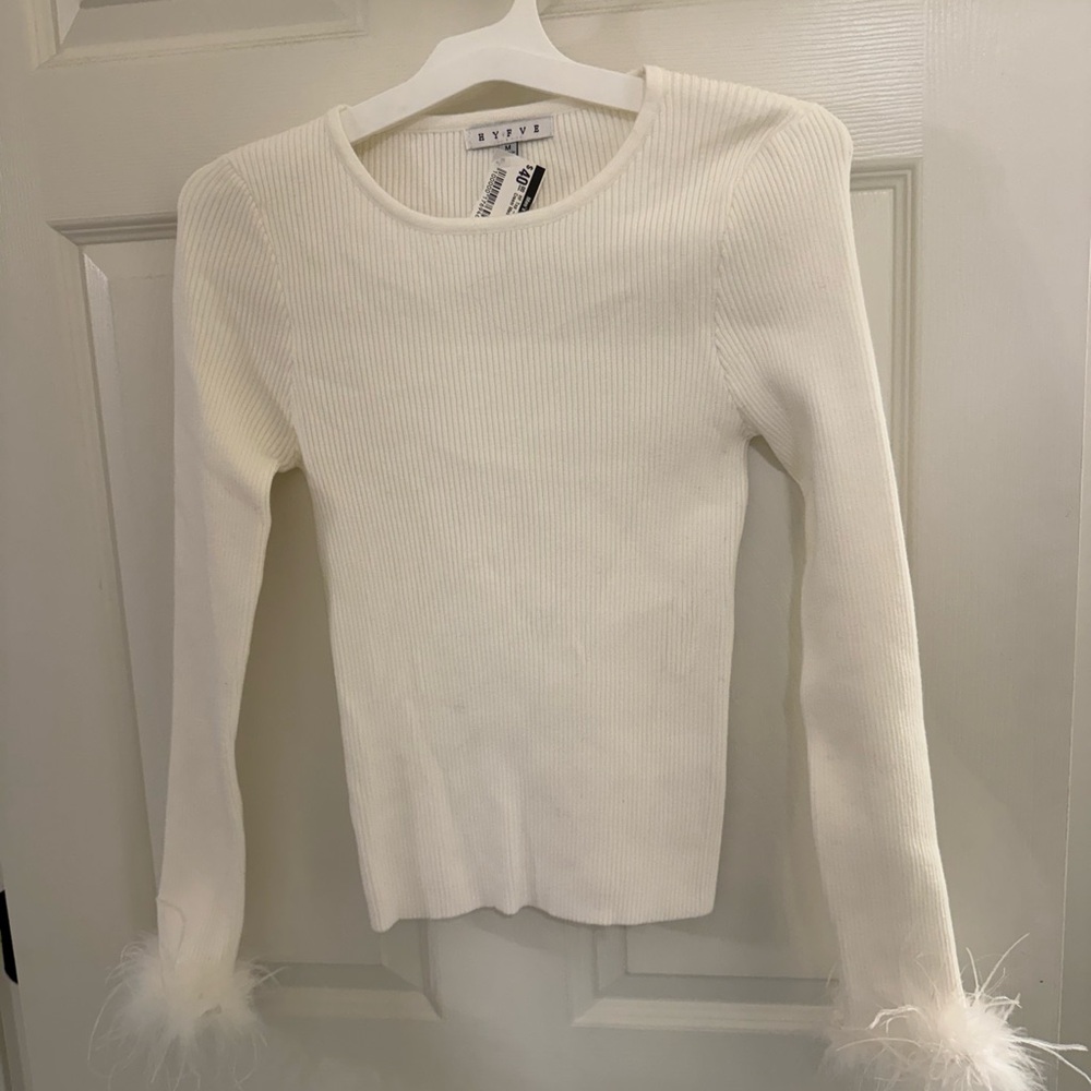White Ribbed Long Sleeve Top with Feather Trim Cuffs